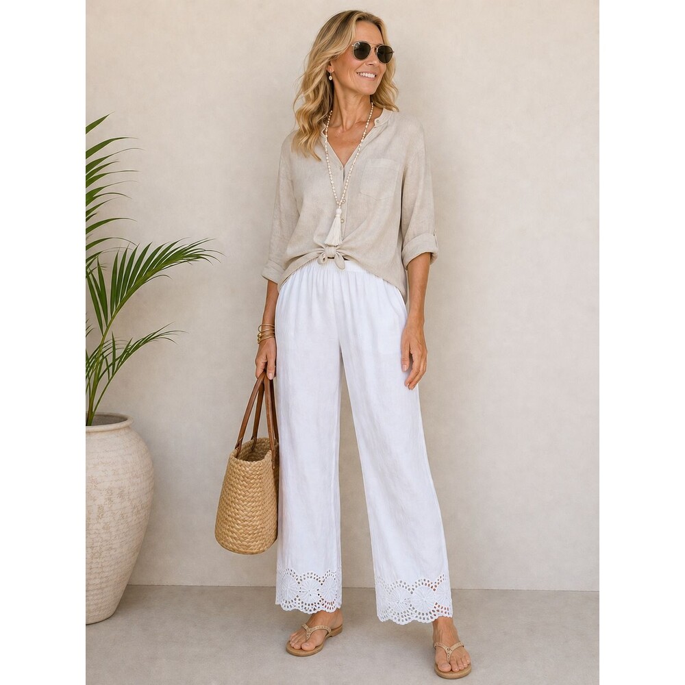 St Tropez West Beach Lightweight Cotton Pants Eyelet Lace Hem Beach Coastal L